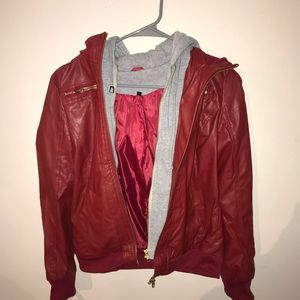 Red leather outside, gray hooded inside